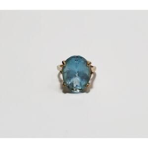 Gold Plated Faceted Blue Glass Oval Stone Ring Size 6.5